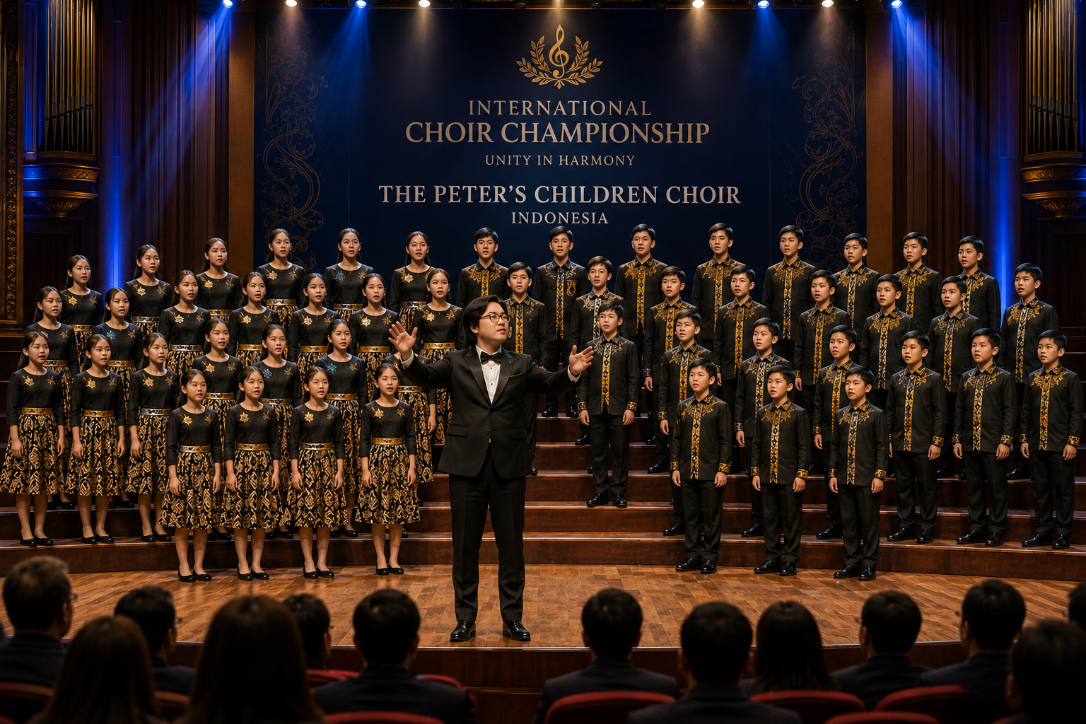 The Peter’s Children Choir performing on stage at the International Choir Championship, conducted by Peter Buntaran Suharyo